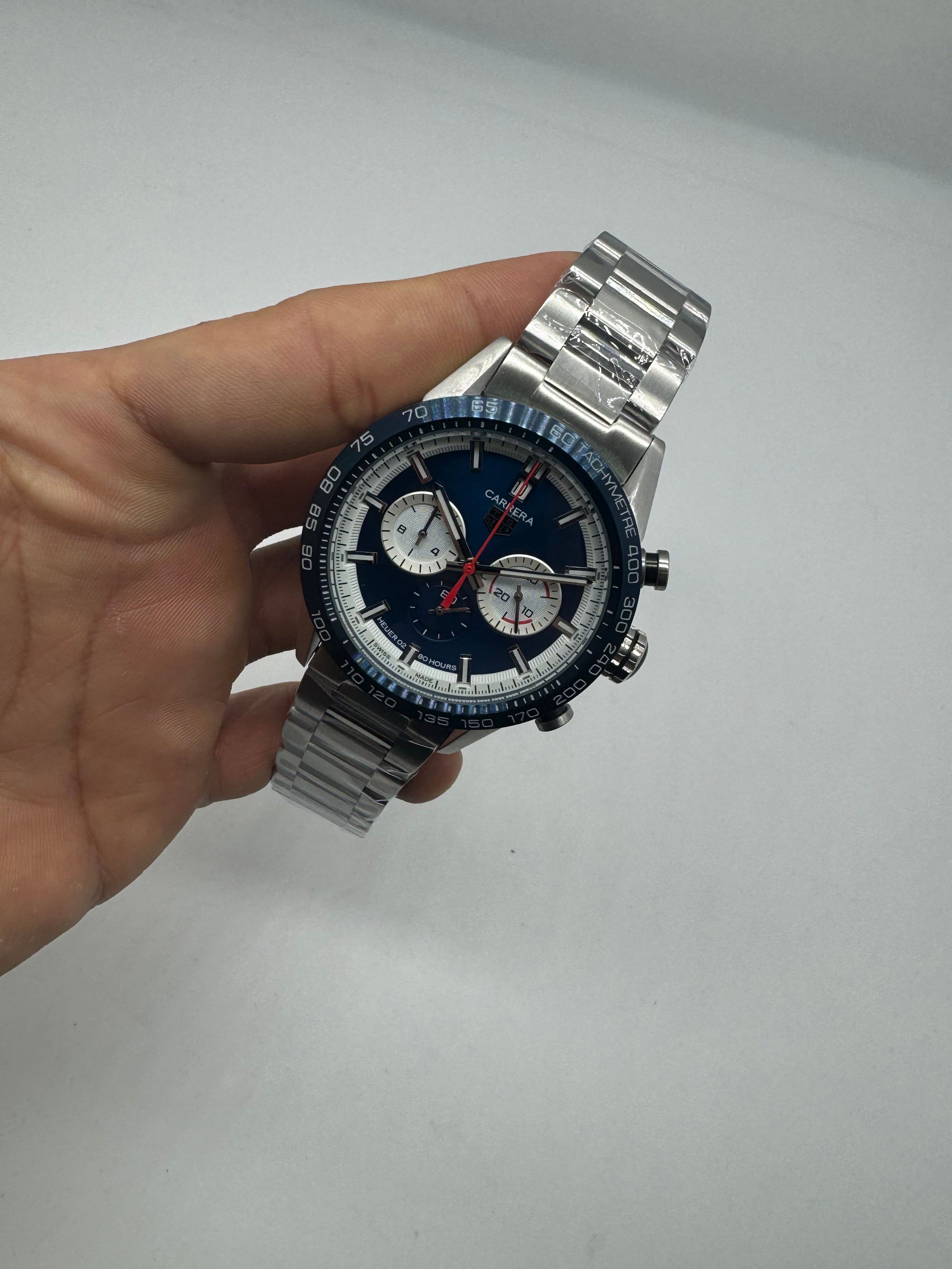 TAG Heuer Carrera Chronograph Blue Sunray Brushed Dial with White Subdials — Tag Heuer