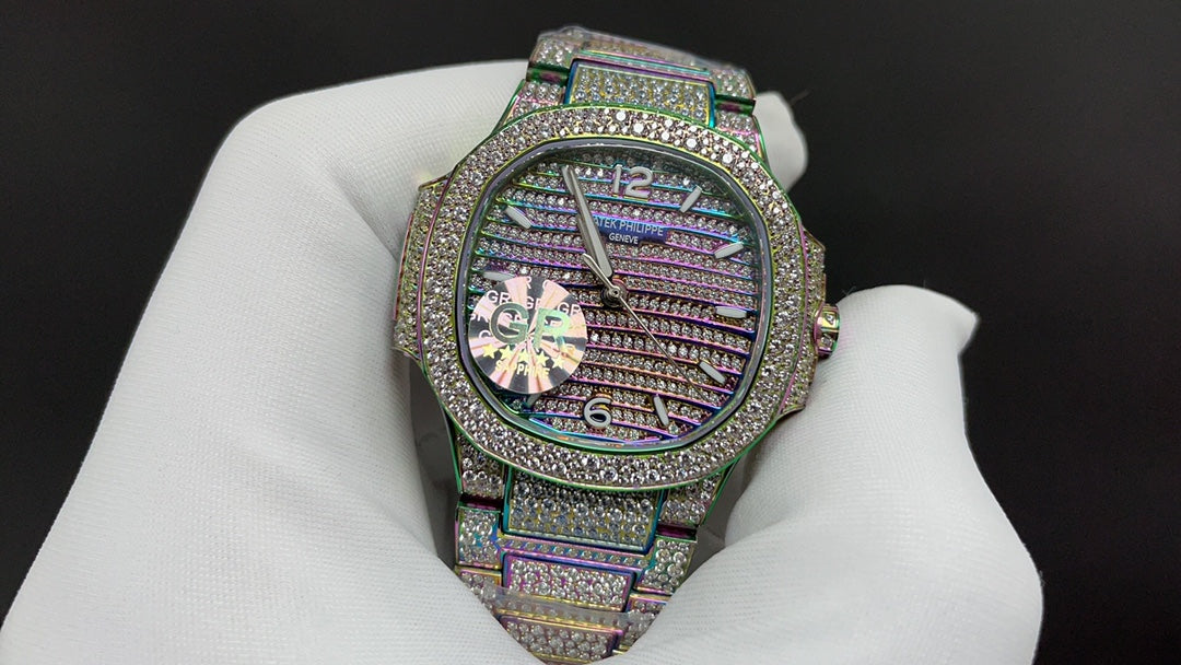 Patek Philippe Nautilus 7010R/7010A estilo “Rainbow Iced” (aftermarket) — Patek Philippe