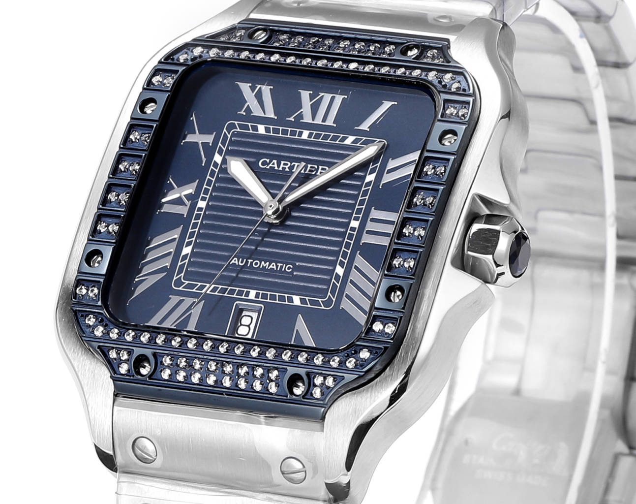 Cartier Santos (acero con esfera azul y diamantes) — Cartier